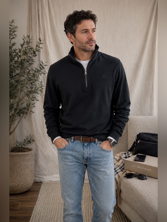 Burberry Other - Burberry Black Pima Cotton Quarter Zip Sweater Men’s XL Classic Logo Pullover